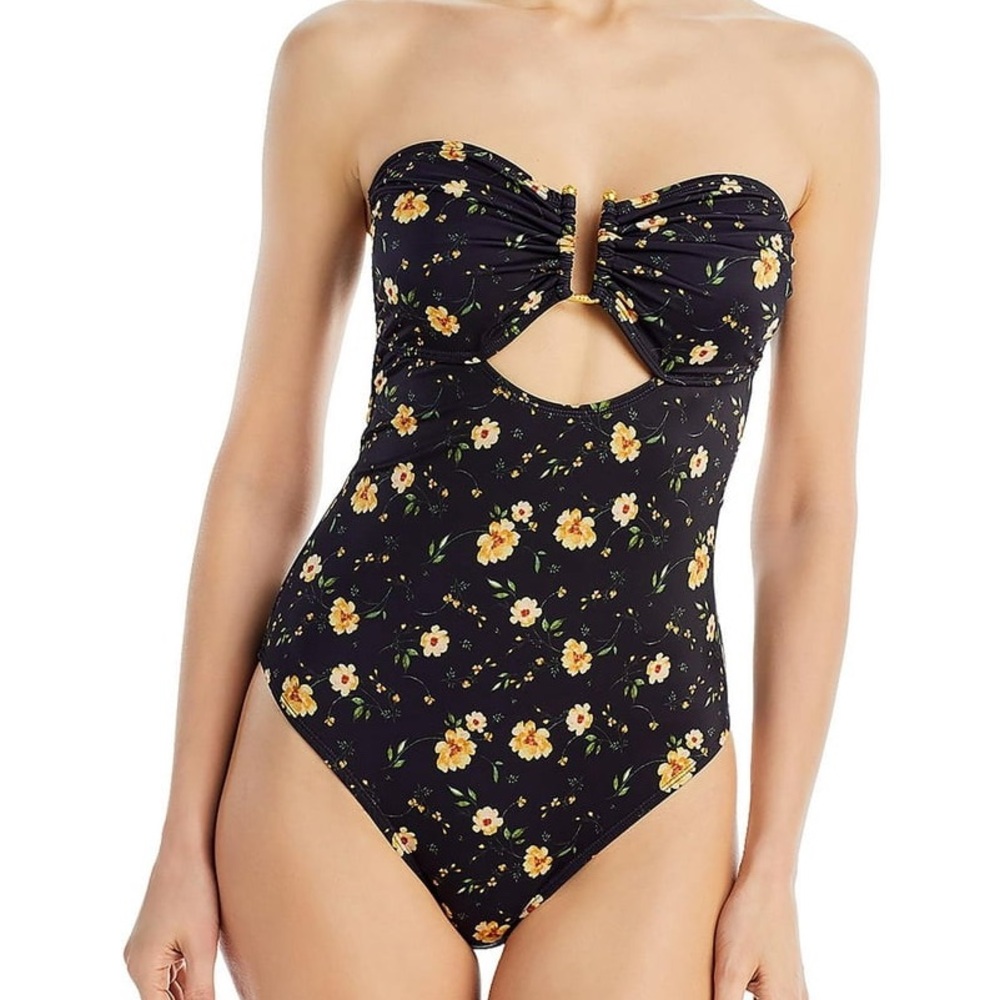 NWT Aqua Womens Strapless Cut-Out Floral  Print One-Piece Swimsuit Size Small